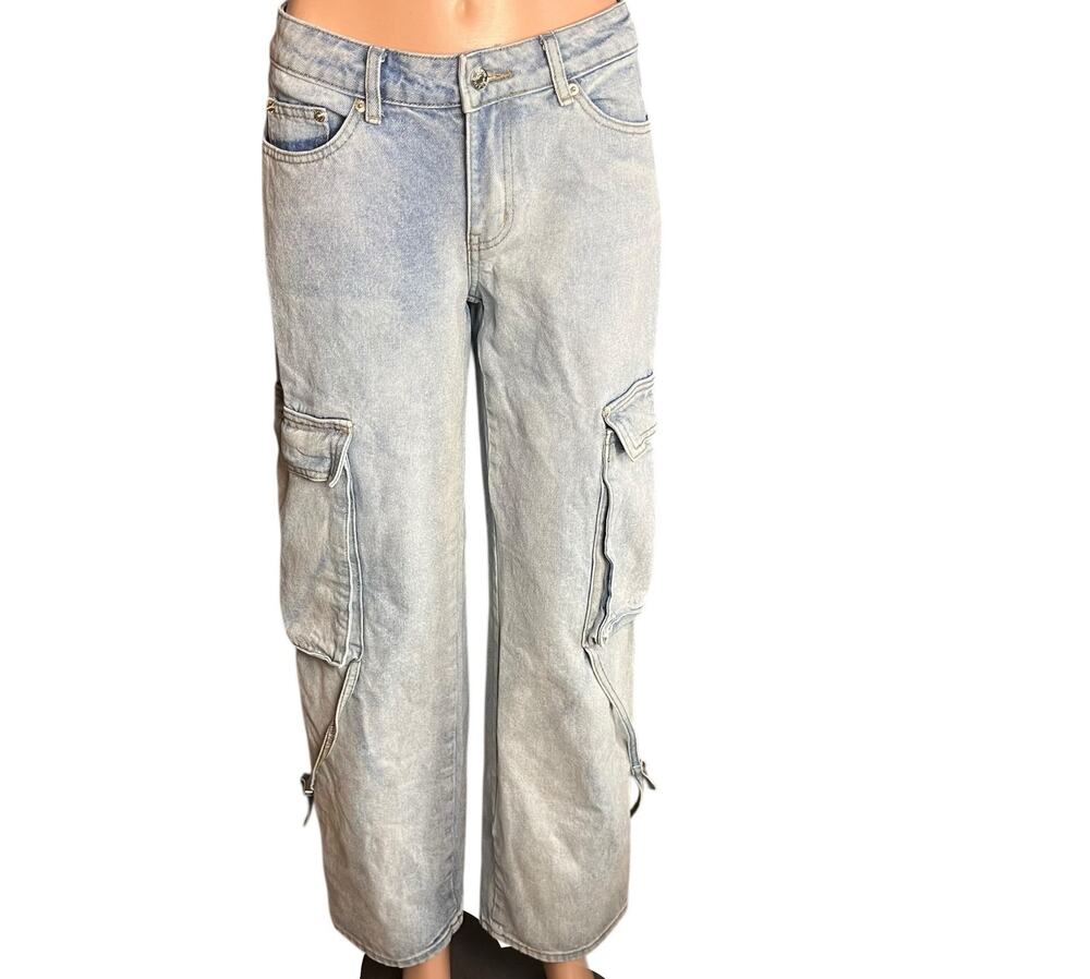 Edikted Cargo Jeans Small Y2K Wide Leg Baggy Light Wash Utility Skater Denim